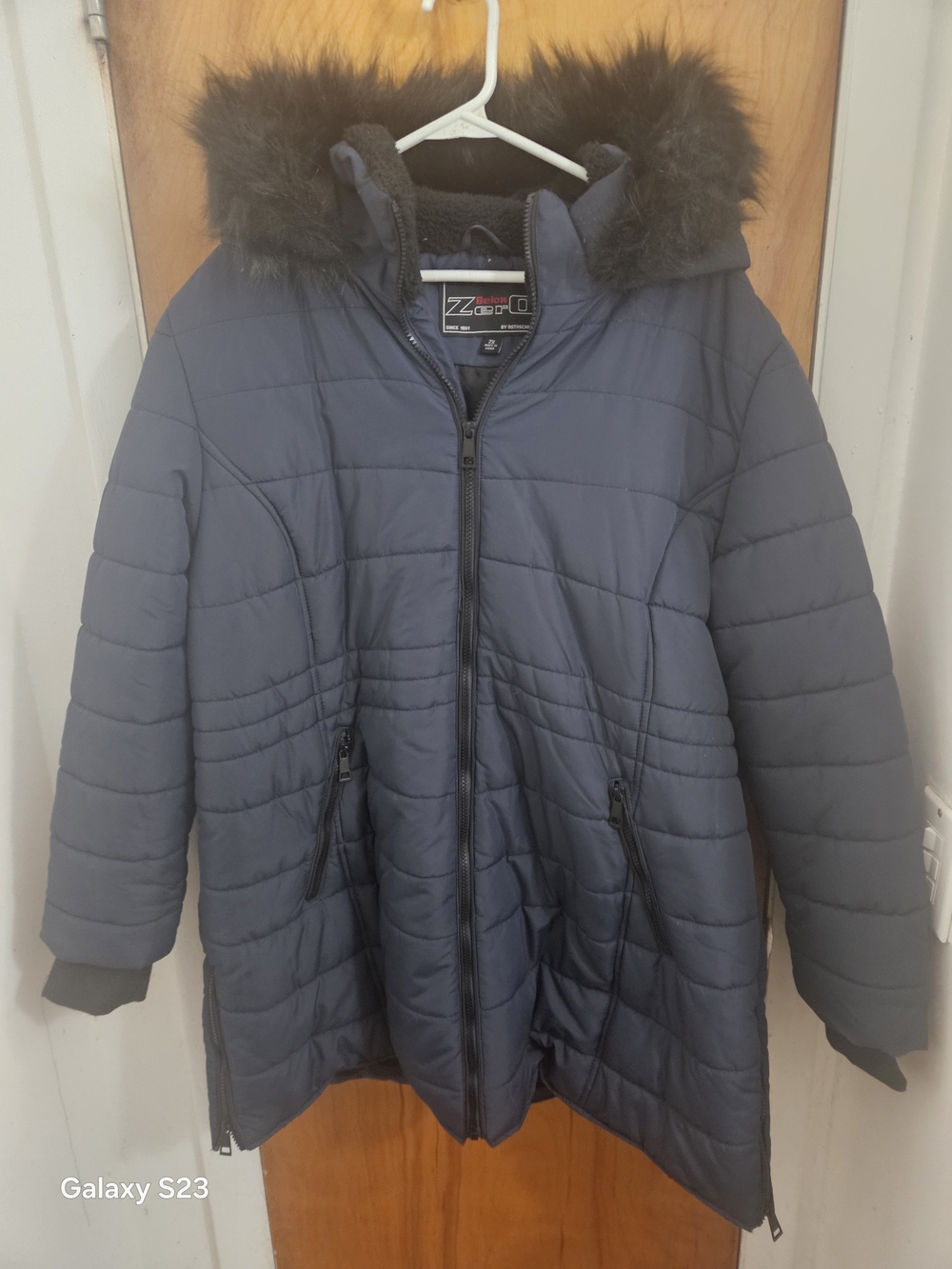 Navy Quilted Womens Puffer Coat with Faux Fur Hood